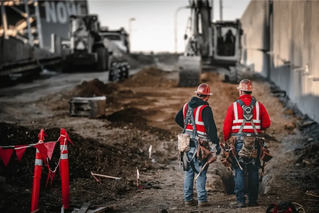 Two workers in red safety gear at an excavation site reviewed by a Columbus, OH structural engineer